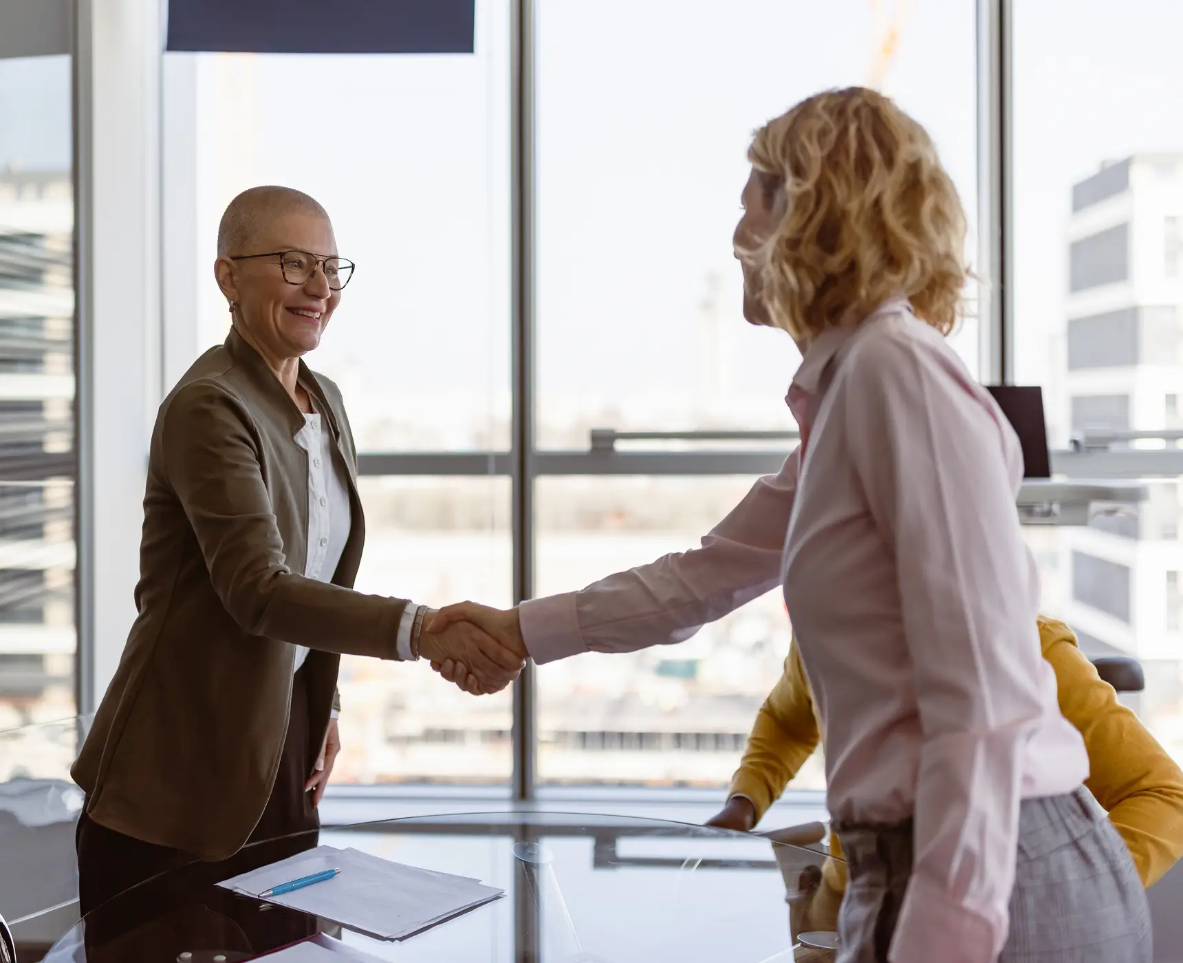 Business meeting handshake by window